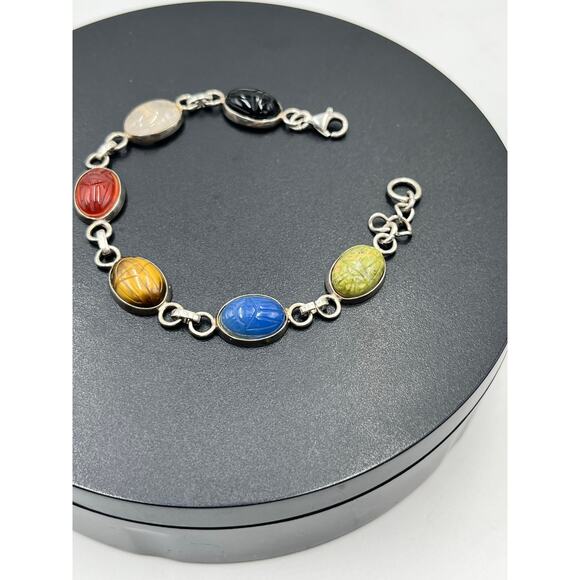 Sterling Silver Scarab Carnelian Lapis Tiger Eye Six Natural Stones Bracelet 8” - Picture 2 of 9